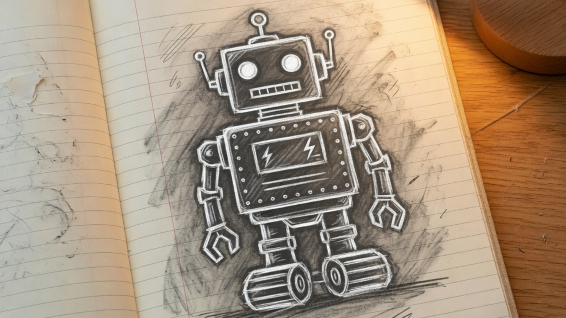 Chalk-white robot sketched on lined notebook paper, the book open on a warm oak desk with a wooden lamp at the edge.