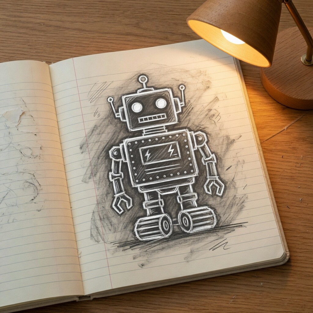 Open lined notebook on oak, a boxy chalk-and-graphite robot with lightning bolts on its chest drawn across the right-hand page.